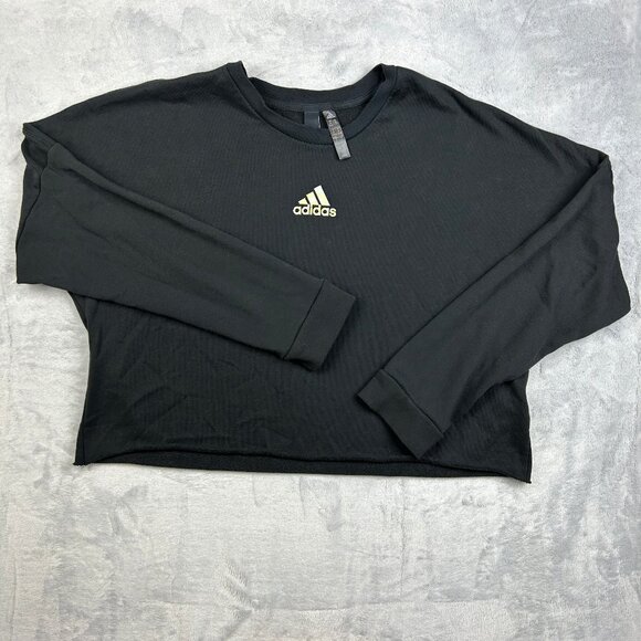Adidas Sweatshirt Womens XL Black Crop Top Long Sleeve T Shirt Logo Active - Picture 2 of 15